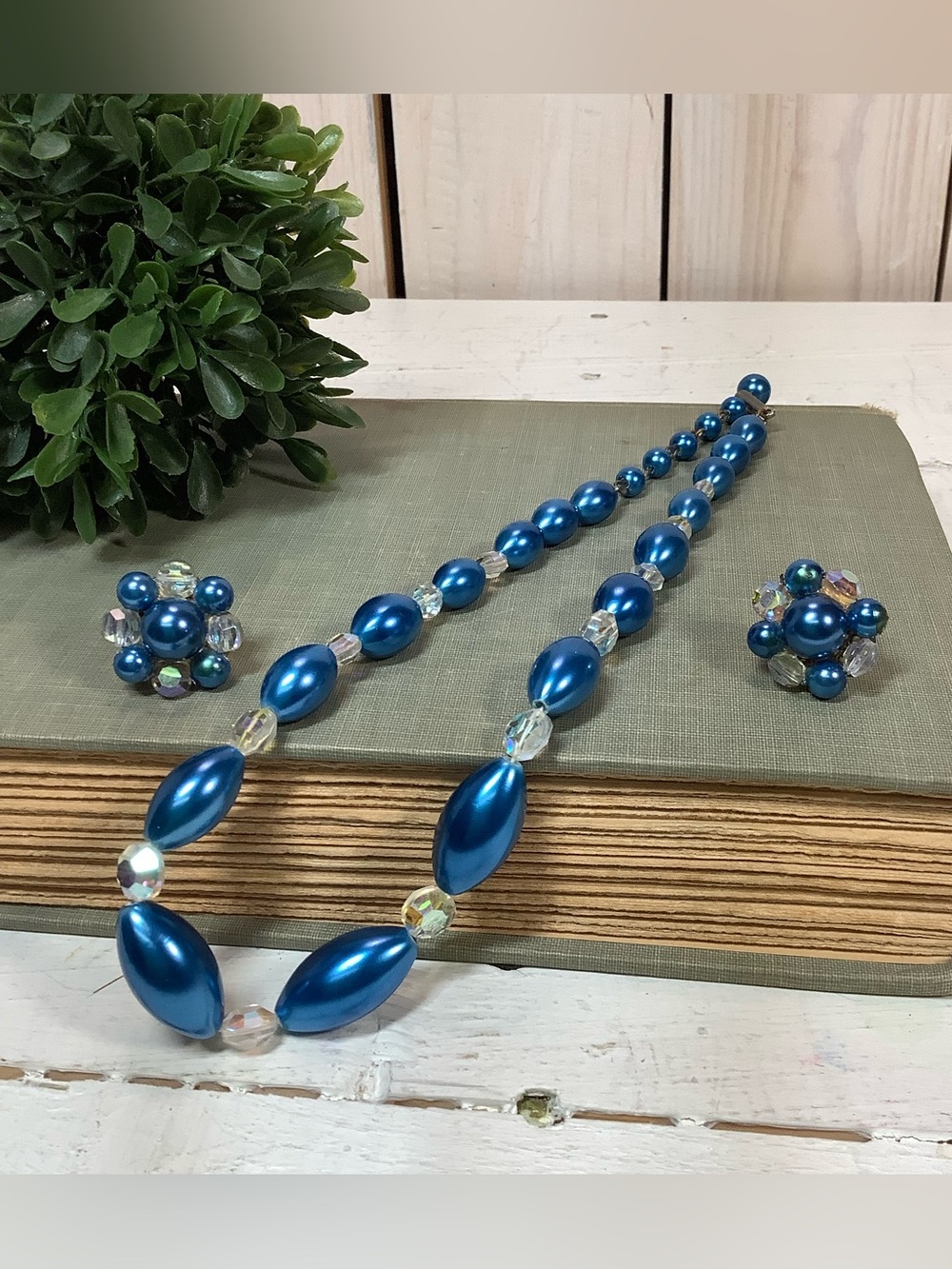 Vintage 1950s Blue Bead & Aurora Borealis Necklace & Earring Set